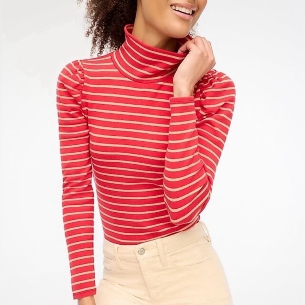 J Crew women’s NNT Size M Red Puff-Sleeve Turtleneck with Metallic Gold Stripes